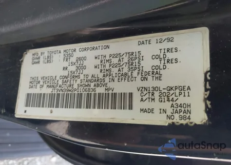 1993 Toyota 4Runner Vn39 Sr5 from USA, damaged, VIN JT3VN39W2P0106836